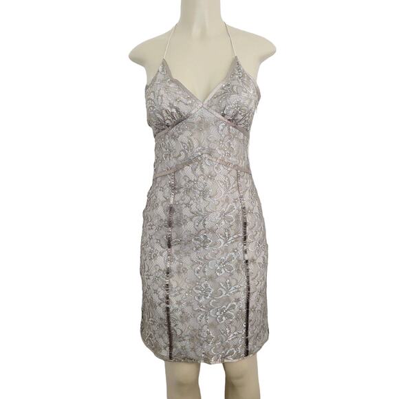 Express Slip Dress Womens 4 Champagne Lace Sequin Halter Semi-Sheer Y2K - Picture 1 of 16